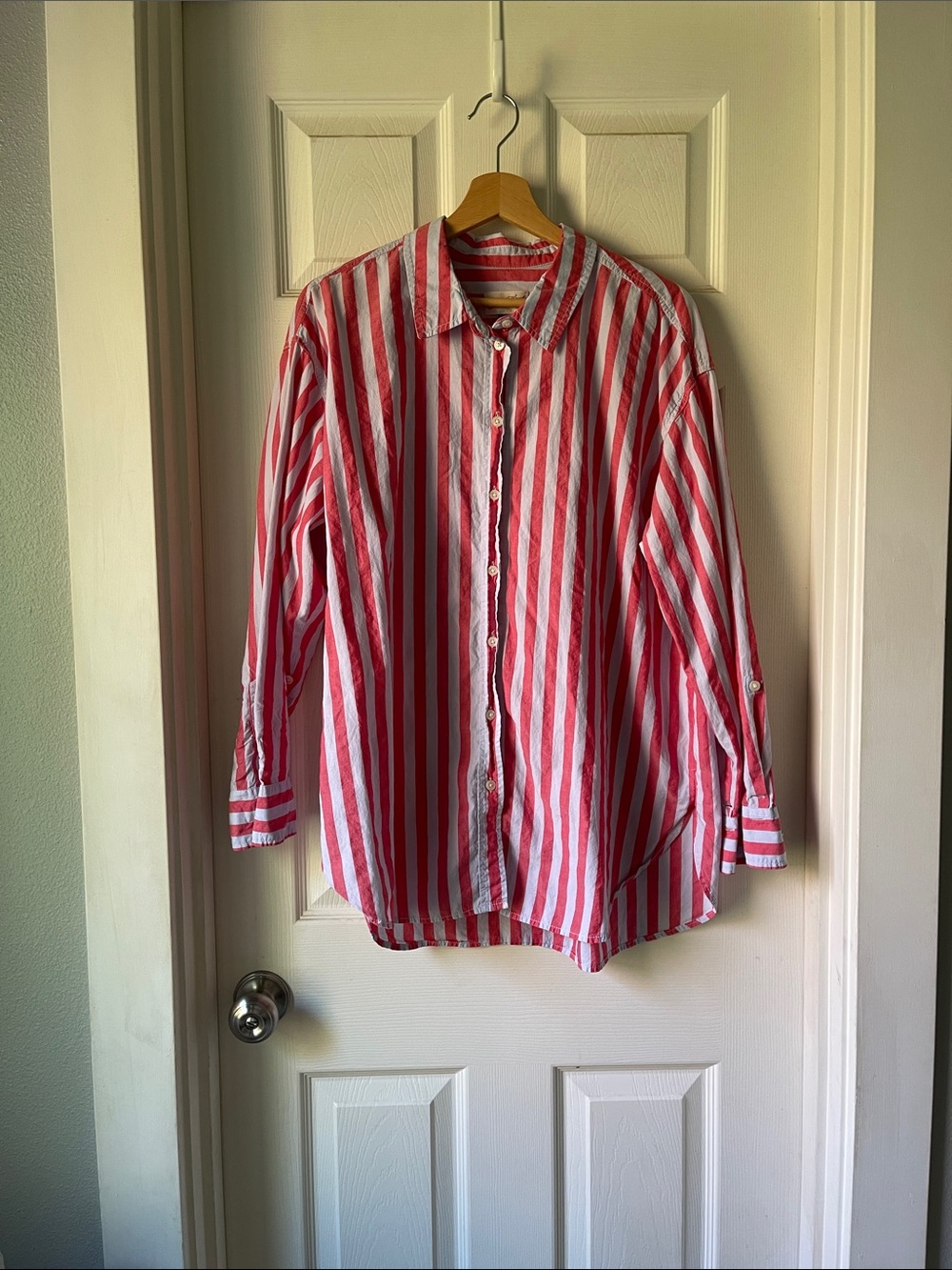 Universal Thread Coral Stripe Oversized Cotton Button Down Shirt L